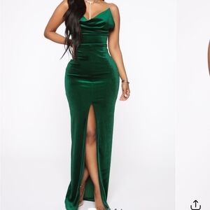 Fashion Nova Green Ruched Slit Maxi Dress